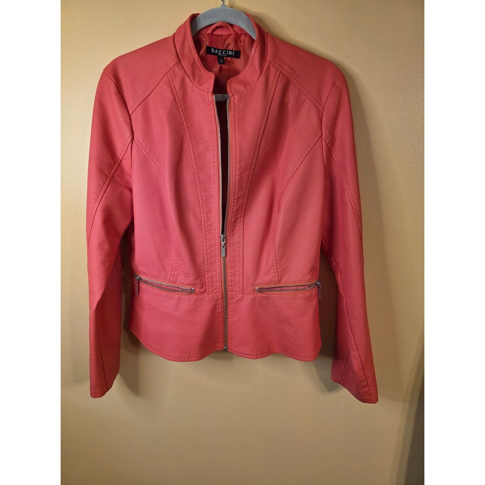Baccini Womens Coral Pink Faux Leather Zip Front Mandarin Collar Jacket Large